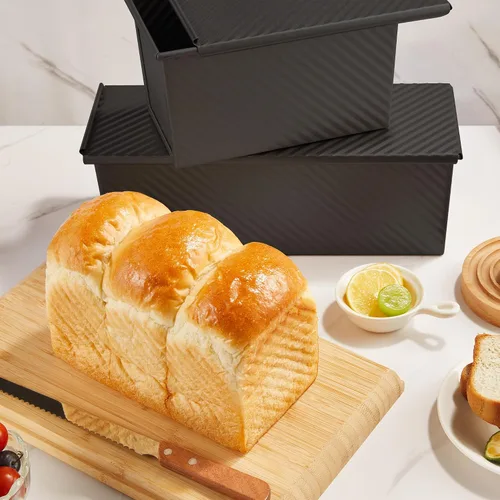 Miniatura 2 de KITESSENSU Molde para pan Pullman de acero al carbono con tapa, capacidad de masa de 1 libra, negro, antiadherente, pan y tostadas
