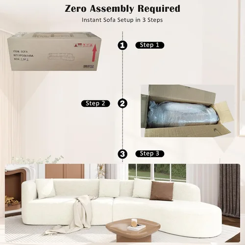 Miniatura 6 de Sofá moderno sin hueso con diseño curvo, sofá modular de felpilla de 2 piezas con 4 almohadas, esponja de felpa, cojín de resorte y esponja grande