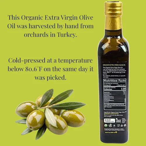 Miniatura 4 de Aceite de oliva virgen extra orgánico USDA – tarro de vidrio de 16.9 fl oz – prensado en frío, certificado Kosher, primera prensa en frío, calidad