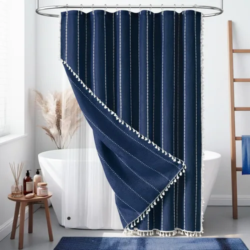 Miniatura 13 de BTTN - Cortina de ducha bohemia para cubículo de 36x72 - Juego de cortina de lino estrecha ultra gruesa con rayas y borlas, con 6 ganchos, cortinas