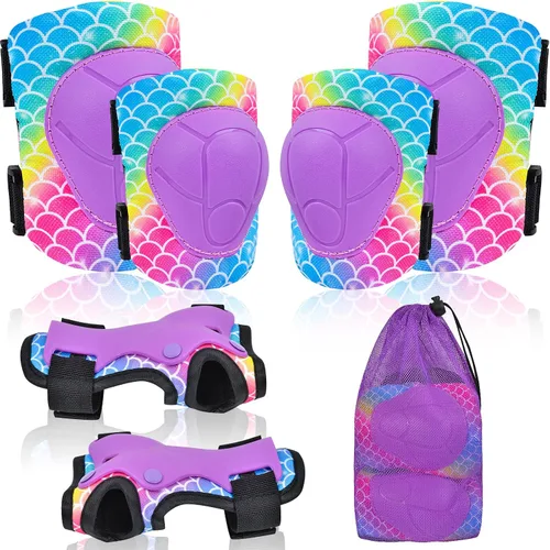 Miniatura 10 de Rodilleras para niños, juego de equipo de protección ajustable con bolsa de malla, rodilleras y coderas, protector de muñeca para niñas, patines