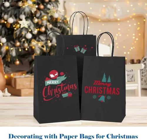 Miniatura 7 de GSSUSA Paquete de 200 bolsas de regalo de papel negro de 5.25 x 3.75 x 8 pulgadas, bolsas de papel kraft negras con asas a granel para compras
