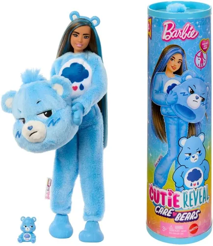 Barbie Cutie Reveal Care Bears Series - Muñeca y accesorios con disfraz de Oso Gruñón y 10 sorpresas, incluyendo cambio de color y Mini Oso