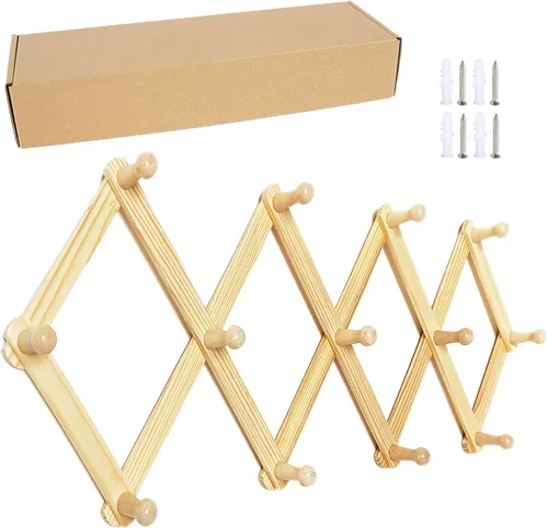 Miniatura 13 de AMAPON Perchero de pared de madera estilo acordeón, ampliable, con 13 ganchos (clavos) para colgar sombreros, chaquetas, tazas de café, bolsos