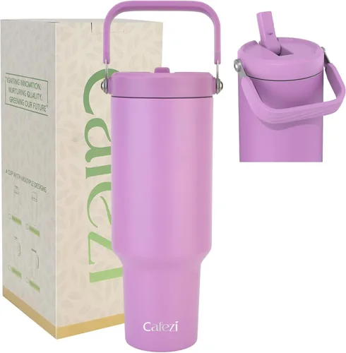 Miniatura 23 de Vaso de 30 onzas con tapa y pajita, vasos de acero inoxidable con aislamiento al vacío con pajita plegable y asa superior, botella de agua aislada
