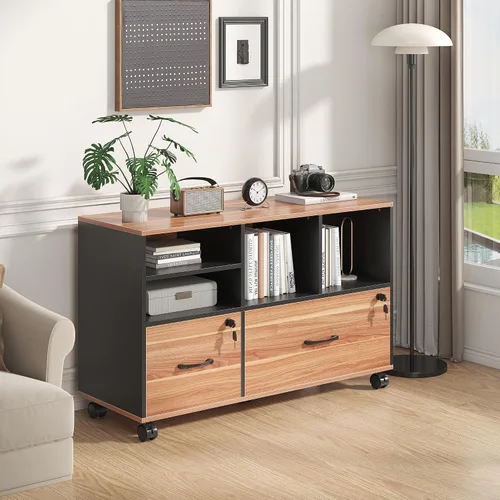 Miniatura 8 de Semoic Archivador de 2 cajones con cerradura, archivador lateral móvil para tamaño carta/legal/A4, estante ajustable de almacenamiento abierto