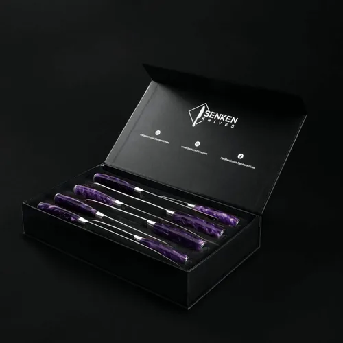 Miniatura 6 de Juego de 8 cuchillos japoneses SENKEN con mango de resina púrpura y patrón láser damasceno - Colección Amatista - Cuchillo de chef, cuchillo