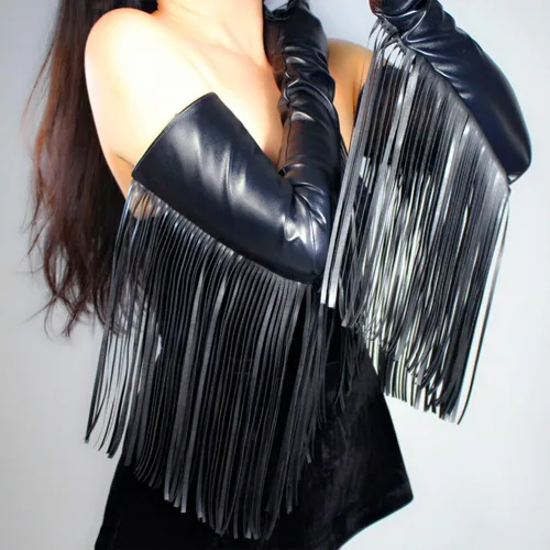 Miniatura 5 de DooWay Guantes largos con flecos para mujer, de piel sintética, con borlas, de 28 pulgadas, disfraz de ópera de Halloween