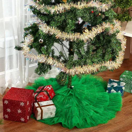 Miniatura 7 de Tatuo Falda de árbol de Navidad con volantes de 4 capas de tul redonda esponjosa y brillante, adorno para decoración de Navidad y vacaciones