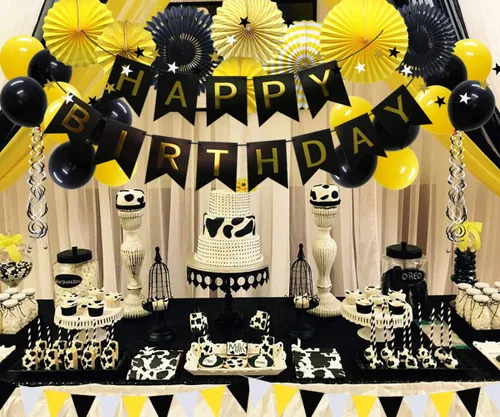 Miniatura 4 de Decoración de fiesta de color amarillo y negro – Cartel de feliz cumpleaños con globos, banderines triangulares, espirales colgantes, abanicos