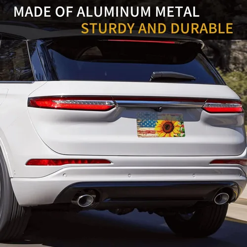 Miniatura 6 de Placa delantera retro con bandera americana y girasol para auto de mujer, placas decorativas de aluminio metálico, linda placa novedosa para hombre