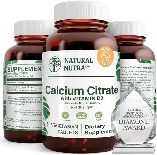 Natural Nutra Citrato de calcio con vitamina D3, suplemento para la fuerza ósea, promueve los movimientos musculares, aumenta la salud del corazón,