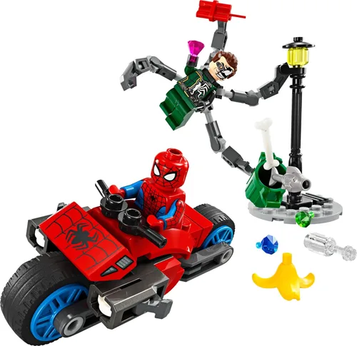 Miniatura 5 de LEGO Marvel Motorcycle Chase: Spider-Man vs. Doc Ock, juguete de construcción para niños con tiradores y lanzadores de red, 2 minifiguras de Marvel