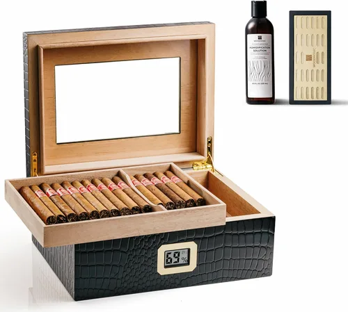 Woodronic Humidor de puros para 80 unidades con higrómetro digital, bandeja y divisores forrados de cedro español, humidificador de gel de cristal y