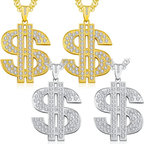 Collar de cadena chapada en 4 piezas para hombre con colgante de signo de dólar, collar de dólar