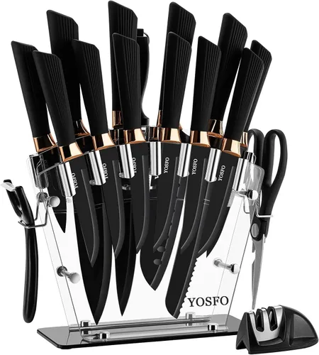 Juego de cuchillos de cocina con bloque y afilador, juego de 17 cuchillos de acero inoxidable incluye juego de cuchillos de carne dentados,