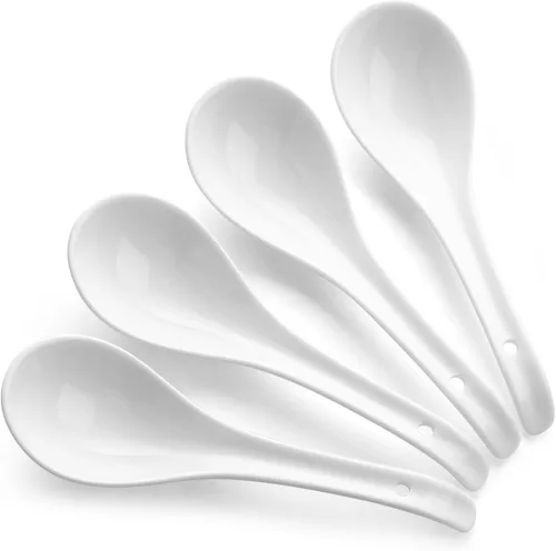 Miniatura 4 de DOWAN Soup Spoons, Ceramic Asian Soup Spoons, Black Japanese Spoon Large for Ramen Pho Wonton Dumpling Miso, Deep Oval Hook Design, Set of 4
