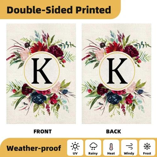 Miniatura 4 de Banderas de jardín con monograma de letra K, bandera de jardín de verano de 12 x 18 pulgadas, banderas florales de doble cara para patio, bandera