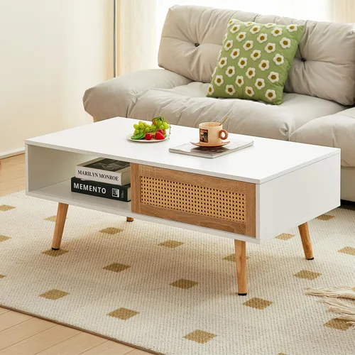 Mesa de centro moderna de mediados de siglo con almacenamiento, mesa rectangular de madera de 41.3 pulgadas con panel de puerta deslizante de ratán