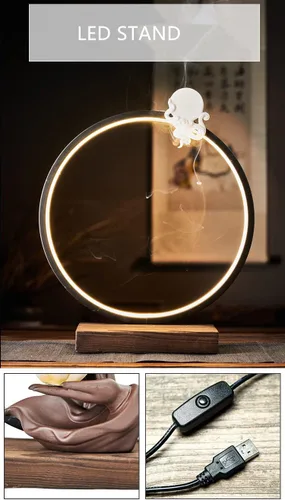 Miniatura 2 de Quemador de incienso de loto de cerámica, cascada, varillas de incienso chino, soporte para quemador con luz LED, conos de incienso para decoración