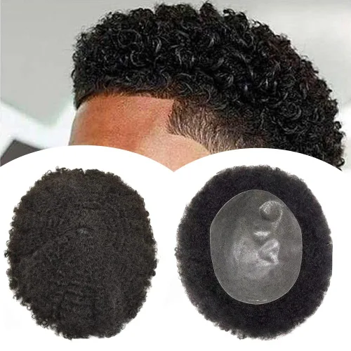 Miniatura 15 de Unidades de cabello afro para hombre, tupé, meave, afro tupé para hombre, sistema de reemplazo de cabello humano rizado, postizo de 0.787 in, 1#