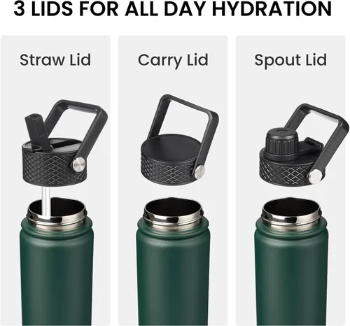 Miniatura 4 de Konokyo - Botella de agua aislada de 18 onzas, botellas deportivas de acero inoxidable con 3 tapas, verde militar