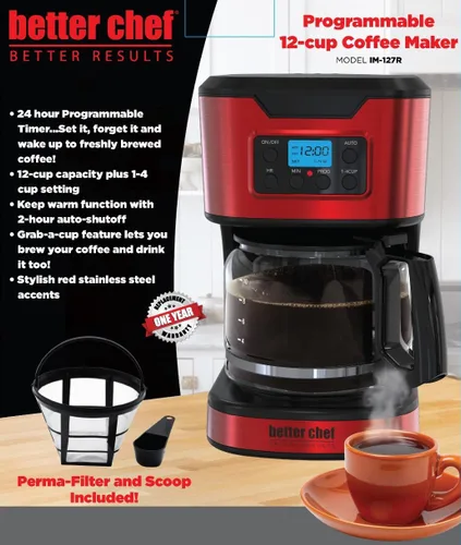 Miniatura 2 de Better Chef Cafetera programable de 12 tazas Ajuste de 1-4 tazas Pausa automática para servir 2 horas de mantenimiento del calor Filtro