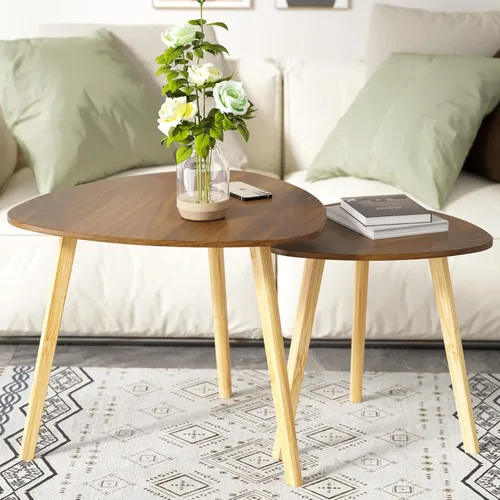 Miniatura 5 de BAMEOS Mesa auxiliar triangular anidable de bambú, juego de 2 mesas de café modernas y minimalistas para sala de estar (Nogal)