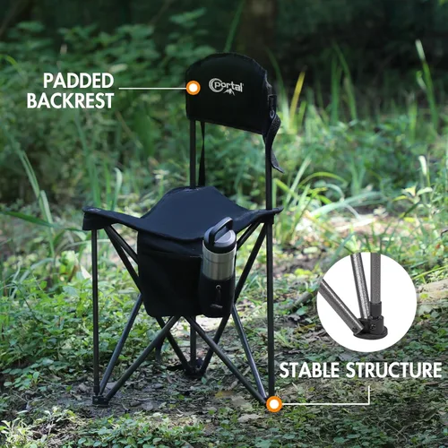 Miniatura 5 de PORTAL Taburete trípode plegable rápido extra grande con respaldo silla de camping de pesca con correa de transporte Negro