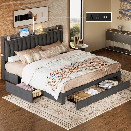 Miniatura 12 de ANCTOR Marco de cama tamaño completo con 3 cajones, cama plataforma tapizada con cabecera de almacenamiento y estación de carga, no necesita somier