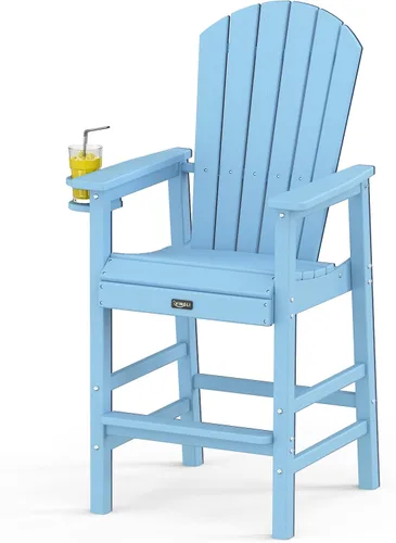 VINGLI Silla Adirondack alta, silla Adirondack de plástico para todo tipo de clima con portavasos, taburetes de bar resistentes para exteriores, Azul