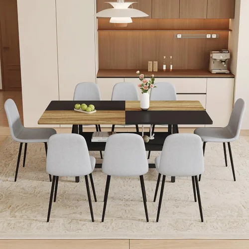 Miniatura 26 de Juego de mesa de comedor de 71 pulgadas para 6 personas con estante de almacenamiento, juego de mesa de comedor rectangular industrial moderna