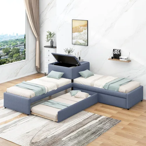 Miniatura 10 de Moderna cama de plataforma en forma de L con nido y cajones, cama de plataforma de madera de tamaño individual con mesa cuadrada abatible White#w