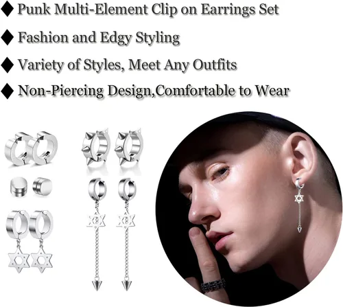 Miniatura 2 de Juego de 5 pares de aretes de aro de acero inoxidable negro sin perforación, remaches cruzados y borla para mujeres, hombres, niños y niñas, aretes
