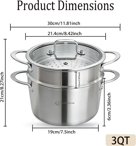 Miniatura 7 de LOLYKITCH Olla de Stock de Acero Inoxidable de Tres Capas de 3 QT con Tapa y Vaporera, Olla de Cocina por Inducción, Utensilios de Cocina al Vapor
