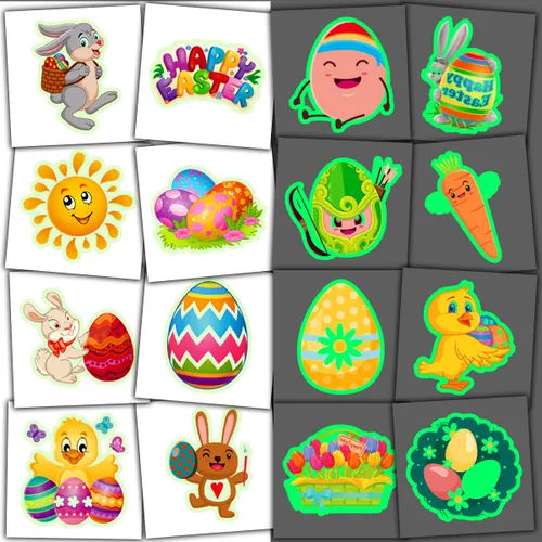 JCFIRE 102 tatuajes temporales luminosos de Pascua para niños, rellenos de cesta de Pascua, calcomanías de tatuaje que brillan en la oscuridad para