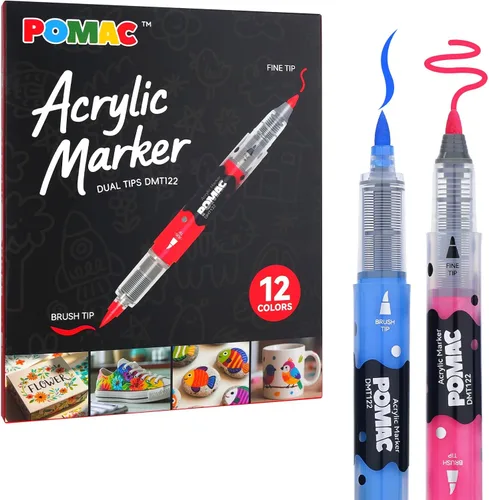 POMAC Marcadores de pintura acrílica de doble punta, 12 colores surtidos, marcador acrílico líquido directo con pincel y punta fina, marcador de