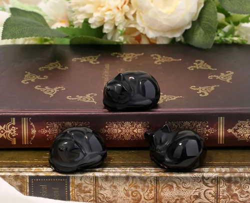 Miniatura 2 de LAIDANLA Estatua de gato dormido de obsidiana negra, cristales curativos tallados a mano, bonita escultura de figura de gatito de 1.6 pulgadas