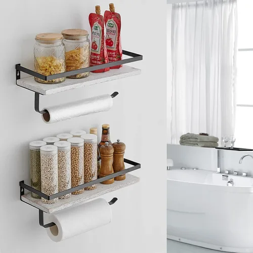 Miniatura 3 de BESy Estantes flotantes de almacenamiento montados en la pared con barra de toallero, soporte para toallas de papel con estante para cocina