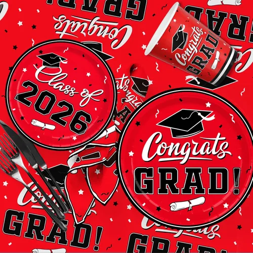 Miniatura 7 de Gatherfun suministros para fiesta de graduación 2022, para 25 comensales, vajilla roja y desechable de papel, con platos, servilletas, vasos, mantel