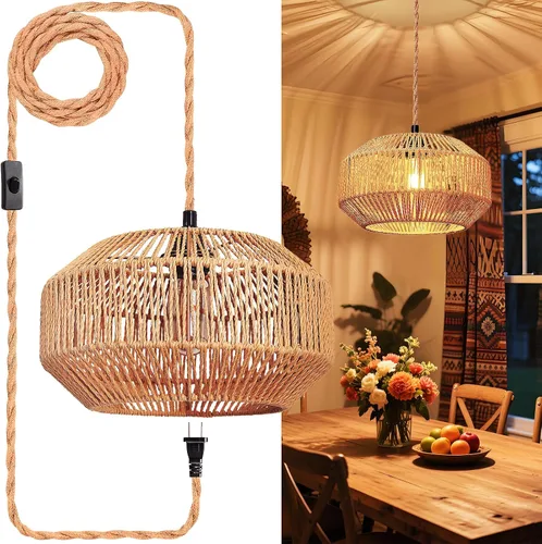 Miniatura 9 de Lámpara colgante de ratán: iluminación colgante de 16.4 pies con cable enchufable, enchufe a toma de pared, interruptor de encendido/apagado