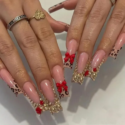Miniatura 19 de MISUD Uñas a presión – Uñas cuadradas largas con pegamento rosa y negro, acrílico Y2K diseño de dijes de 24 piezas
