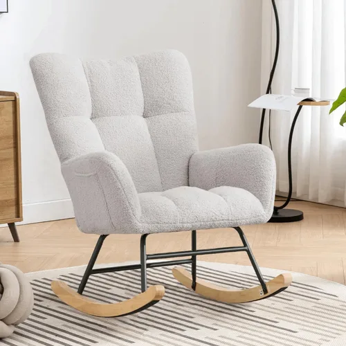 Miniatura 15 de Silla mecedora tapizada estilo oso de peluche para cuarto de bebé, con respaldo alto, silla lateral cómoda para sala de estar, dormitorio, oficinas
