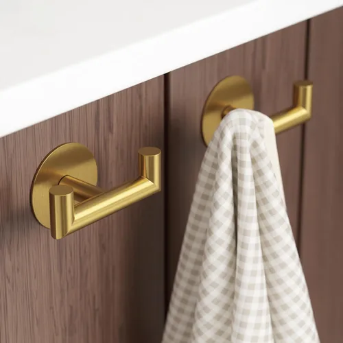 Miniatura 8 de GWAAZXGZ Paquete de 2 ganchos de baño dorados cepillados para toallas, ganchos dobles autoadhesivos para pared, sin taladrar, acero inoxidable 304
