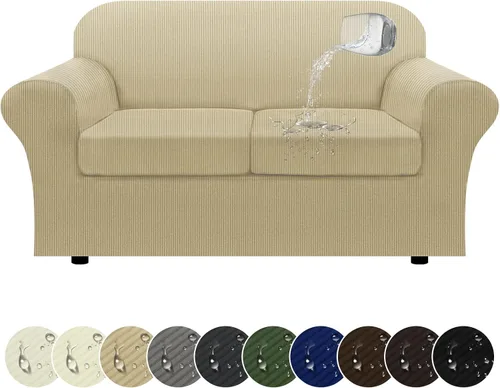 Miniatura 58 de Funda impermeable para silla con brazos, juego de 2 piezas, funda a rayas para 1 sofá separado con cojín en T, fundas de sillón de tela