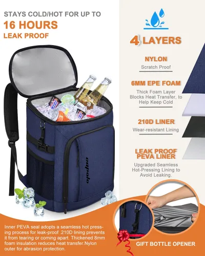 Miniatura 4 de Capolo Mochila térmica térmica impermeable para mujeres y hombres, 36/45 latas, lonchera a prueba de fugas, bolsa térmica suave para acampar y playa