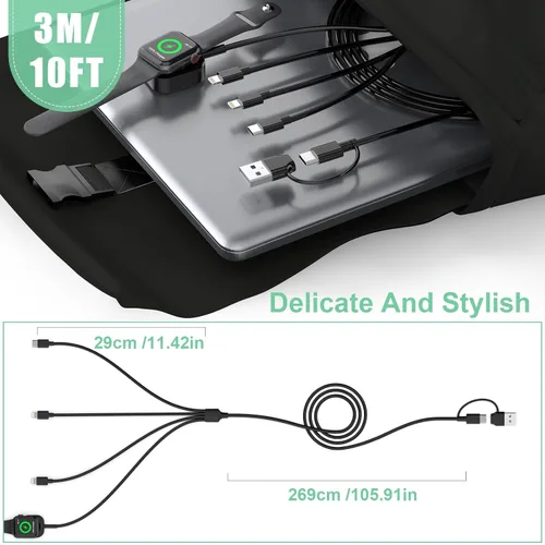 Miniatura 7 de Cable de carga rápida universal 4 en 1 USB C para Apple Smart iWatch, 3M/10 pies tipo C+USB A cargador de reloj+Lightning*2+cable tipo C adaptador
