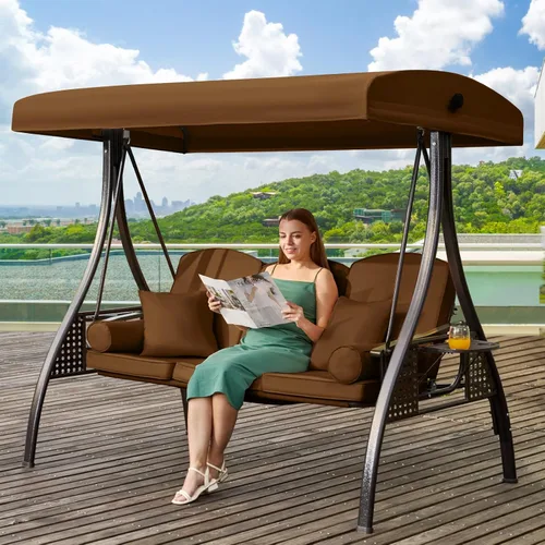 Miniatura 26 de Columpio de porche para exteriores 3 en 1 con toldo ajustable, columpio de 3 asientos para adultos, columpio de patio con cojines gruesos, almohadas