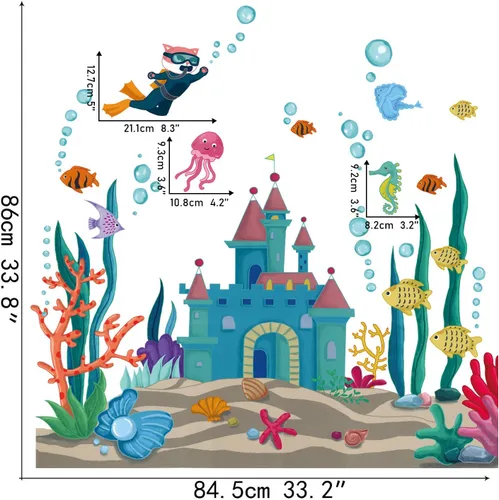 Miniatura 2 de Calcomanías de pared de peces marinos 3D bajo el mar, castillo, calcomanías de pared removibles de algas marinas, corales de medusas de burbujas
