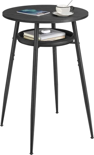 VASAGLE EKHO Collection - Mesa de bar con almacenamiento, mesa redonda alta de pub, cuero sintético con costuras, moderna de mediados de siglo,